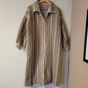 Vintage Handmade Woven Wool Knit Balloon Sleeve Duster Coat Jacket Neutral Large